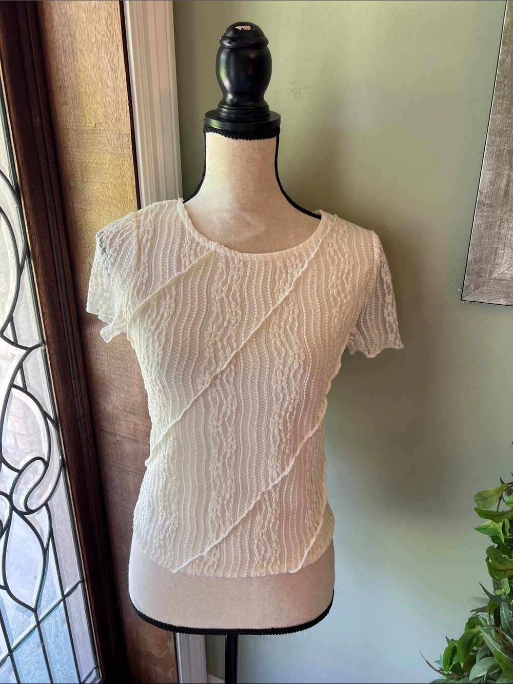 Textured Short-Sleeve Lace-Look Tee